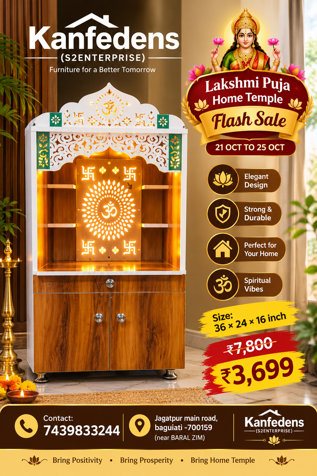 π Buyzila Kanfedens Home Temple | 36 Γ 24 Γ 16 Inch | Wooden Finish with White Jaali Top & Backlit Om Panel | Premium Particle Board