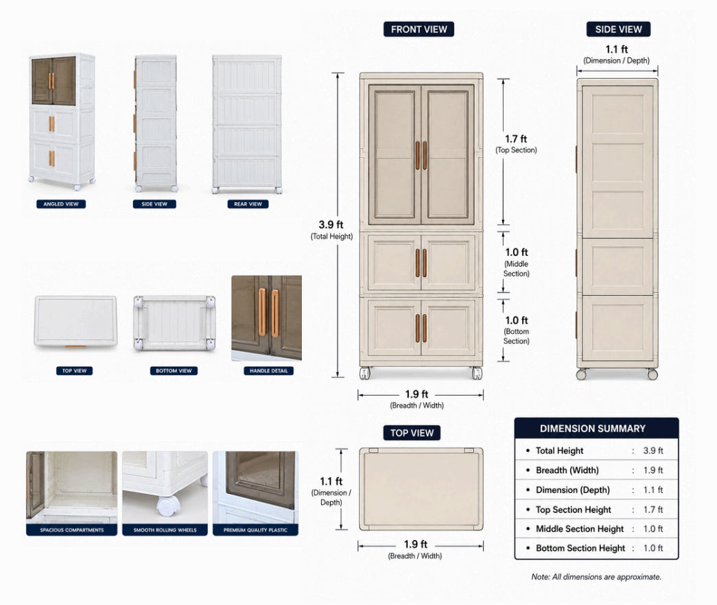 3-Section Display Storage Cabinet with Transparent Glass-Style Top Doors & Caster Wheels | White & Warm Oak | Premium Home Organizer