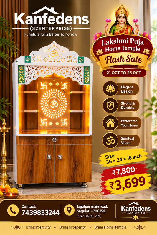 🛕 Buyzila Kanfedens Home Temple | 36 × 24 × 16 Inch | Wooden Finish with White Jaali Top & Backlit Om Panel | Premium Particle Board