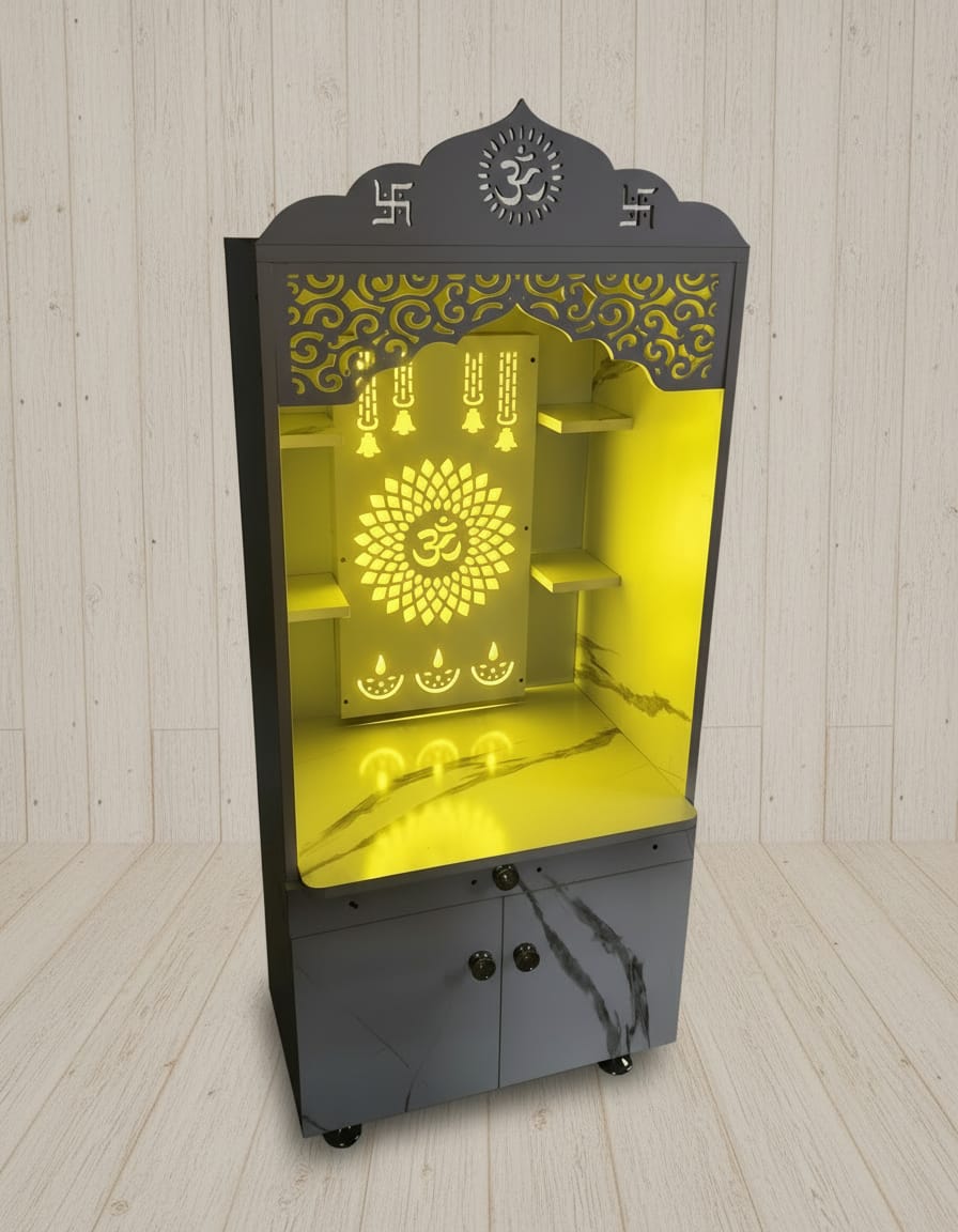 Wooden Home Temple / Mandir | 48×24×16 inch | White Marble Finish | Particle Board