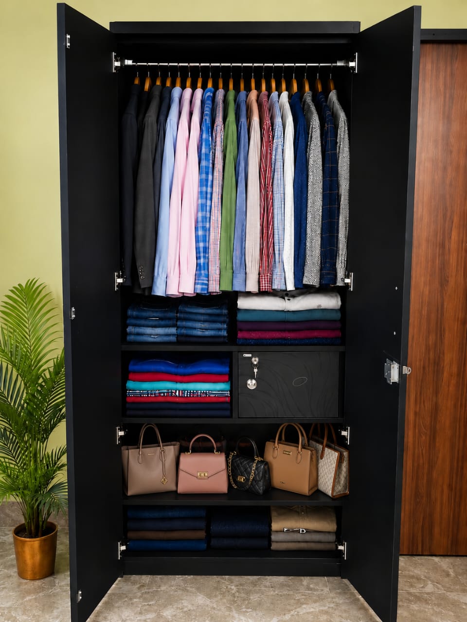 2-Door Almirah with Locker, Hanger Rail & Multi-Shelf Storage | 72×30×16 inch[Black  color]
