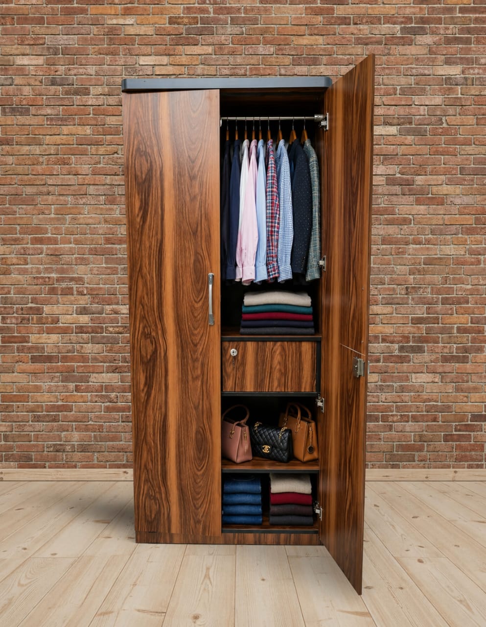 2-Door Almirah with Locker, Hanger Rail & Multi-Shelf Storage | 72×30×16 inch [wooden colour]