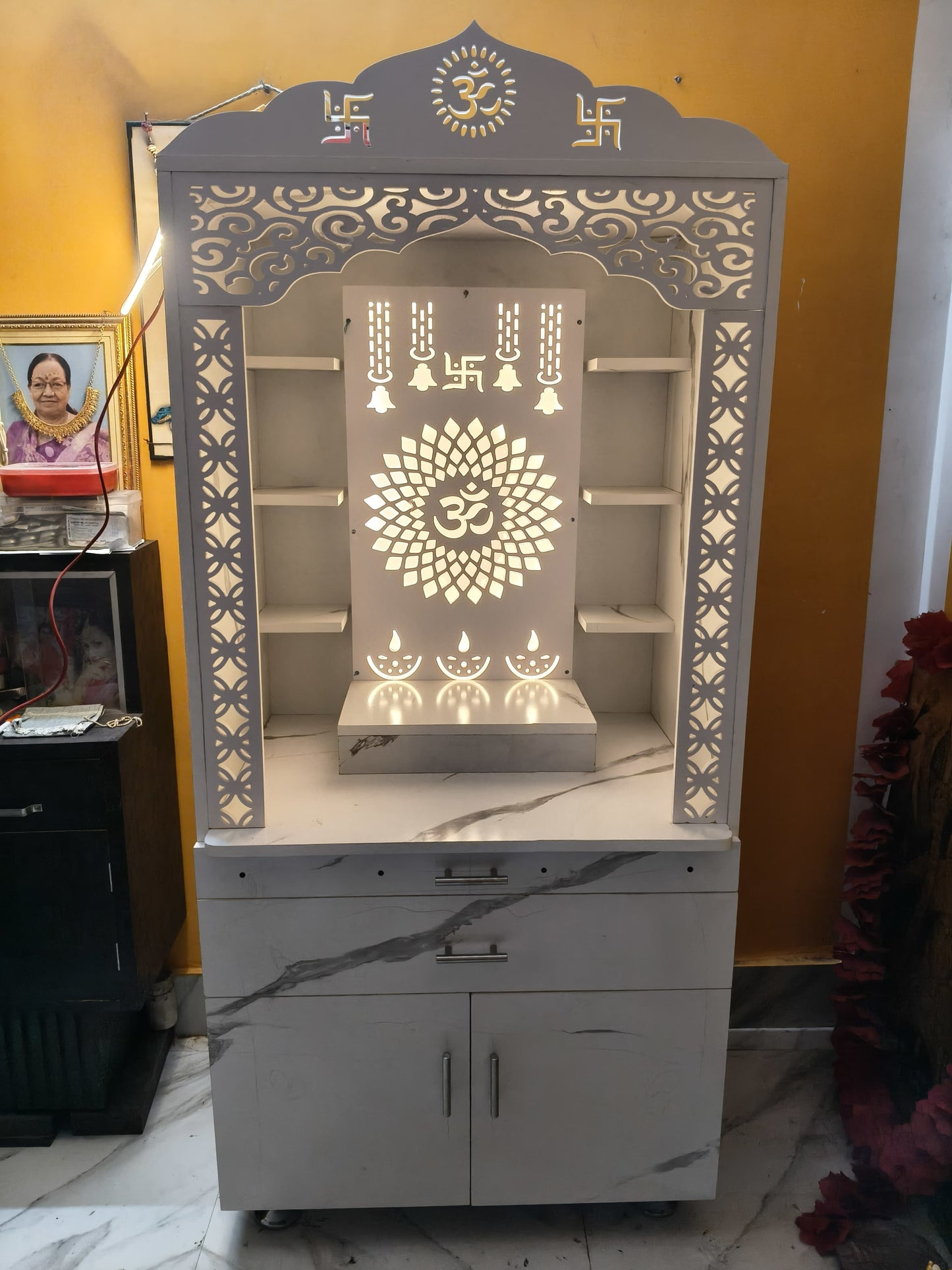 🛕 Buyzila Kanfedens Home Temple | 60 × 30 × 20 Inch | Decorative Border Design | Door, Lock & Handle | Premium Particle Board
