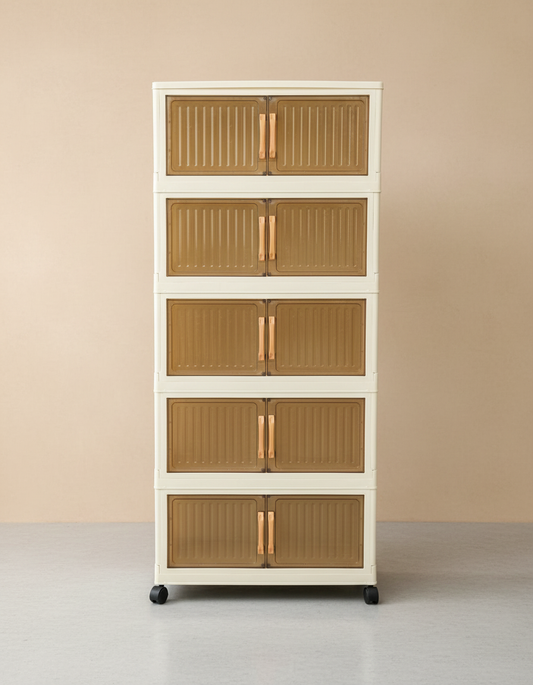 5-Tier Folding Storage Cabinet with Double-Door Compartments & Rolling Casters (60" H × 18" W)