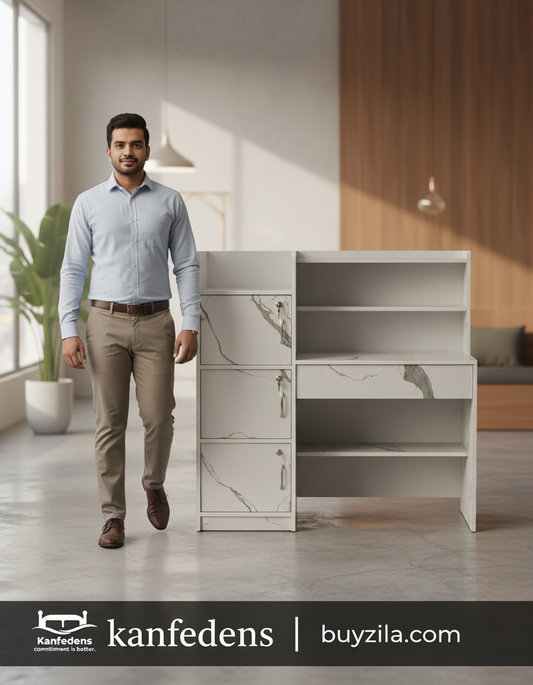 🖥️ Buyzila Kanfedens Office & Study Table | 4ft × 4ft | 3 Lockers with Door | Open & Closed Storage | Premium Particle Board