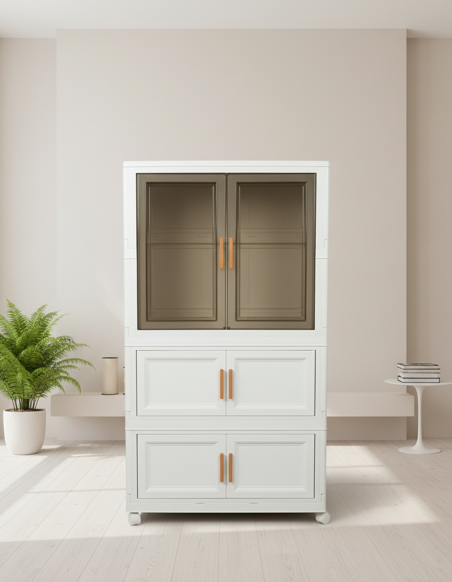 3-Section Display Storage Cabinet with Transparent Glass-Style Top Doors & Caster Wheels | White & Warm Oak | Premium Home Organizer
